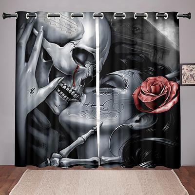 2 Panels Blackout Curtains Skull Printed Thermal Insulated Curtains for Bedroom Living Room Geometric Grommet Window Drapes Curtain Drapes