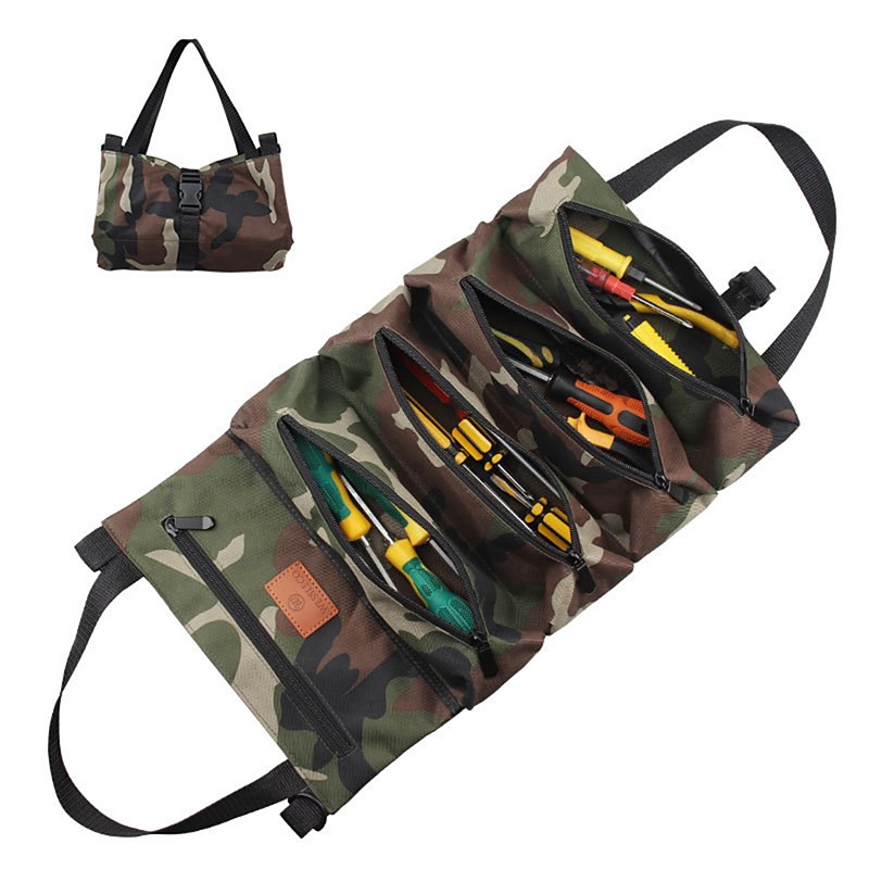 NEW Multi-Purpose Roll Up Tool Bag Hanging Canvas Wrench Tool Bag Storage Bag with 5 Zipper Bags Tool Car Accessories
