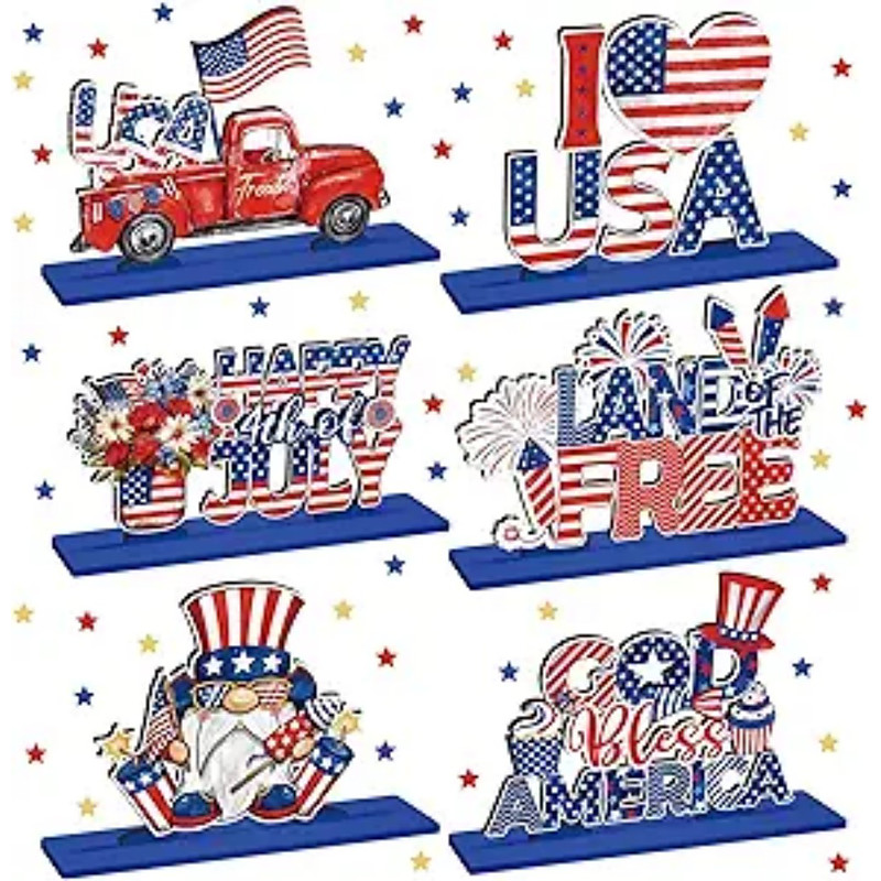 6 Pieces Patriotic Wooden Decorations 4th of July Independence Day Decorations Patriotic Table Decorations Wooden Table Centerpieces Decorations for American Memorial Day Veteran Day Party Decor