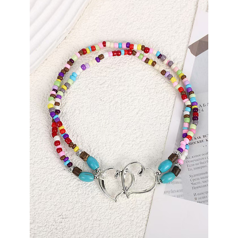 Bohemian Double Heart Beaded Anklet for Women, Handmade Beach Jewelry with Turquoise and White Beads, Perfect for Summer, Vacations and Gifts