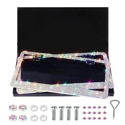 2 Pack Bling License Plate Frames for Women Sparkly Rhinestone Diamond Car Accessories for Women Handcrafted Stainless Steel Car License Plate Cover with Glitter Crystal Caps