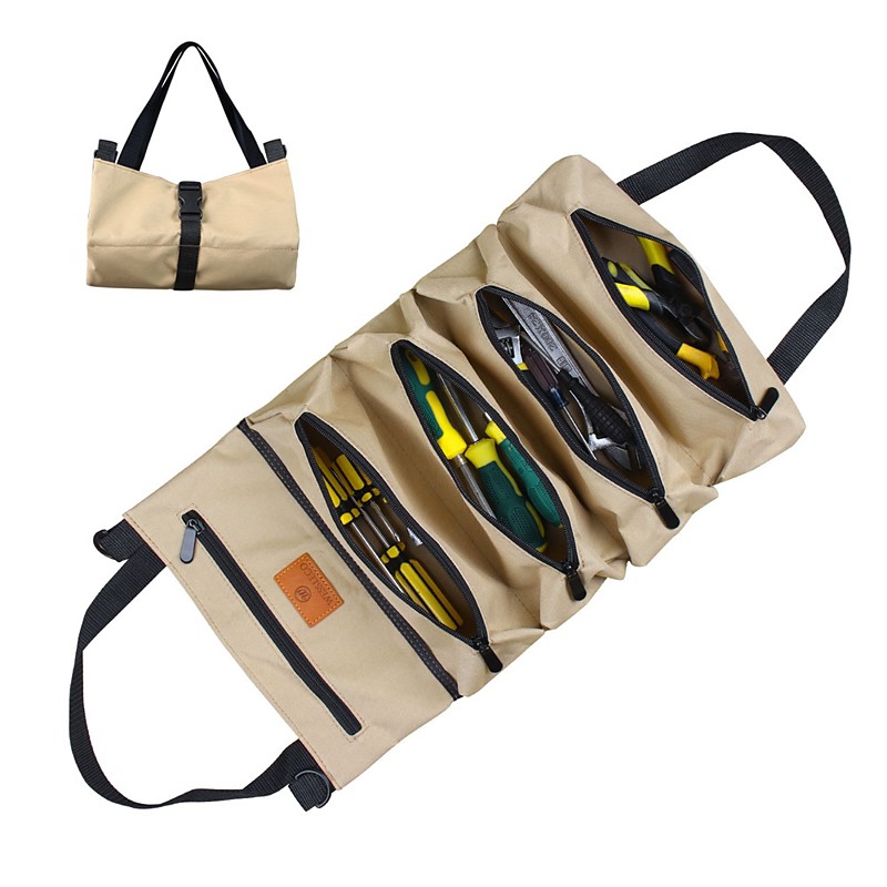 NEW Multi-Purpose Roll Up Tool Bag Hanging Canvas Wrench Tool Bag Storage Bag with 5 Zipper Bags Tool Car Accessories