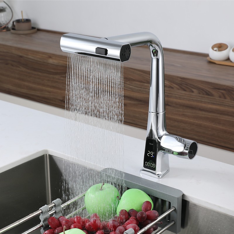 Waterfall Kitchen Faucet, 2023 Latest Centerset Faucet for Kitchen Sink, 3 in 1 Multi-functional Single Handle One Hole Pull out Cylinder Spout Kitchen Taps, Ceramic Valve Insides
