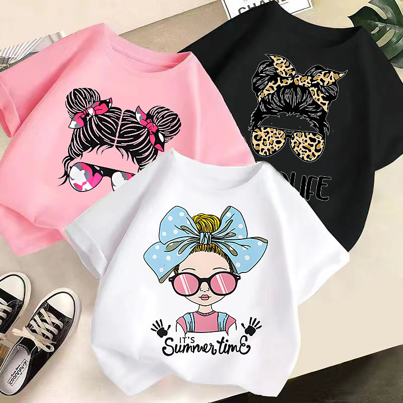 Multi Packs 3 Pairs Girls' Crew Neck Short Sleeves BlackPinkWhite T Shirt Cartoon Vacation Daily Wear Cotton Spring Summer