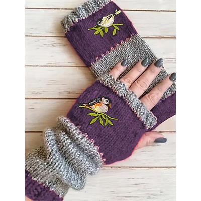 Hand-Knitted Bird Embroidered Fingerless Gloves - Cozy Winter Mittens for Women, Warm Knitted Wool Arm Warmers