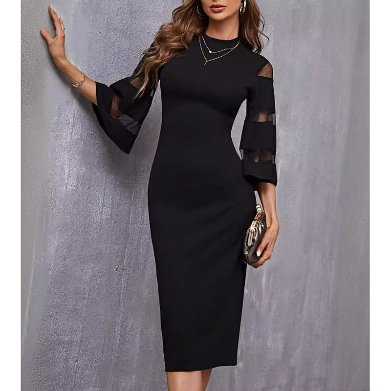 Women's Black Dress Midi Dress Mesh Patchwork Date Elegant Casual Turtleneck 3/4 Length Sleeve Flared Sleeve Black Color