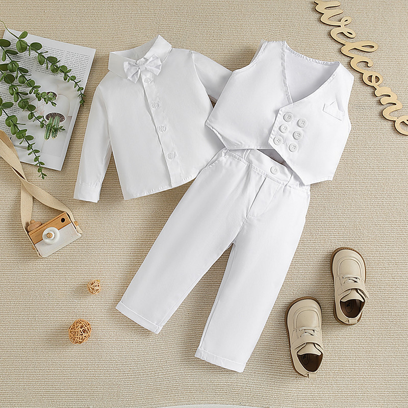 3 Pieces Ring Bearer Suit Boys Kids Toddler Vest Shirt Pants School Formal Birthday Basic Gentle Preppy Style Solid Color V Neck White Cotton