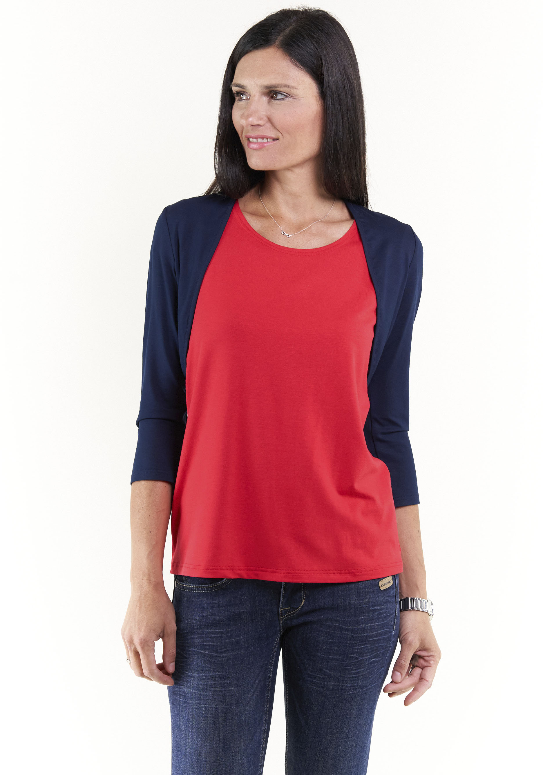Shirtjacke SEIDEL MODEN, Damen, Gr. 38, blau (navy), Jersey, Obermaterial: 95% Viskose, 5% Elasthan, kontrastfarbene Details, figurbetont normal, Rundhals, eingesetzt abgesteppt, Shirts Shirtjacke, mit 3/4 Ärmeln, MADE IN GERMANY Image