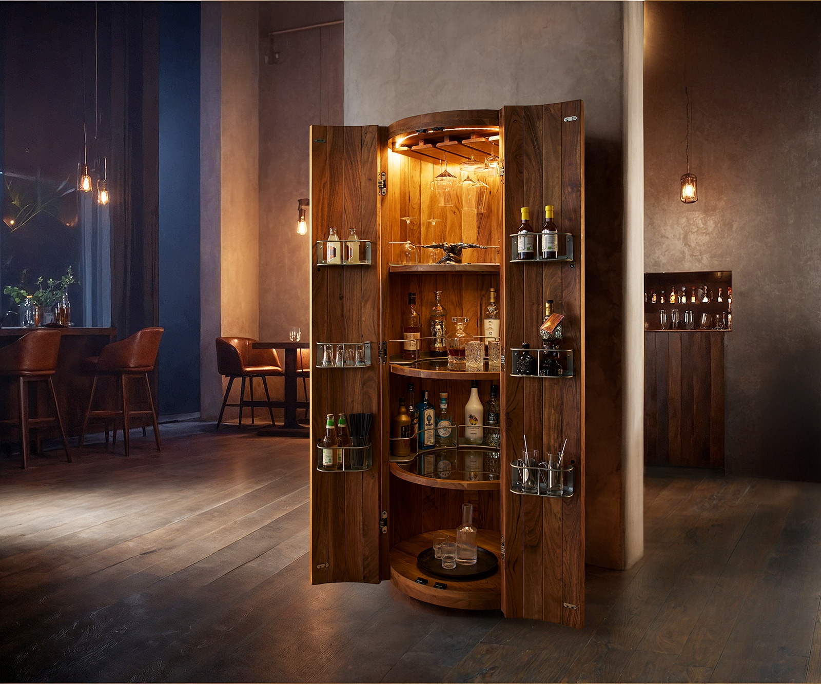 DELIFE Barschrank Tulsa 80x190 cm Akazie Natur LED-Beleuchtung Weinschrank, Barmöbel Image