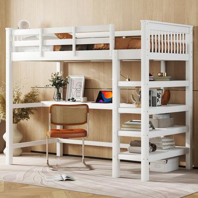 Hochbett, 90 x 200, Hochbett für Kinder mit Stauraum und Schreibtisch unter dem Bett, ohne Image