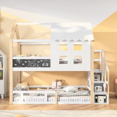 Etagenbett 90x200cm, Doppelbett, Bettrahmen mit Absturzsicherung und Zeichenbrett, Stauraumleiter, Image