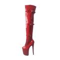 Bottes à plateforme hautes en cuir verni rouge pour femmes – Bottes à talons aiguilles à boucle au-dessus du genou pour tenues de club, cosplay et spectacles de danse exotique