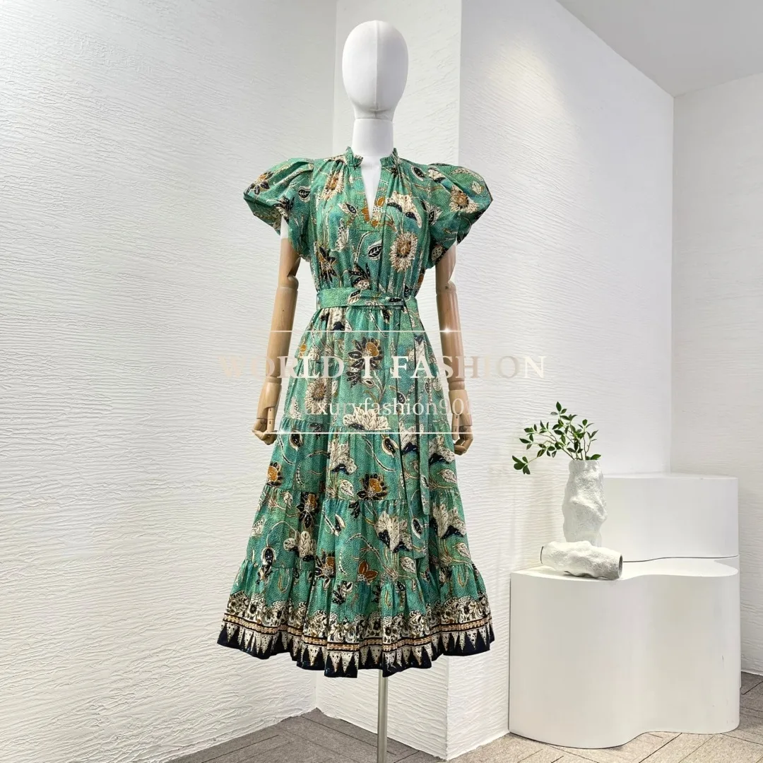 2025, hochwertiges Midikleid mit grünem Blumendruck und kurzen Puffärmeln Image