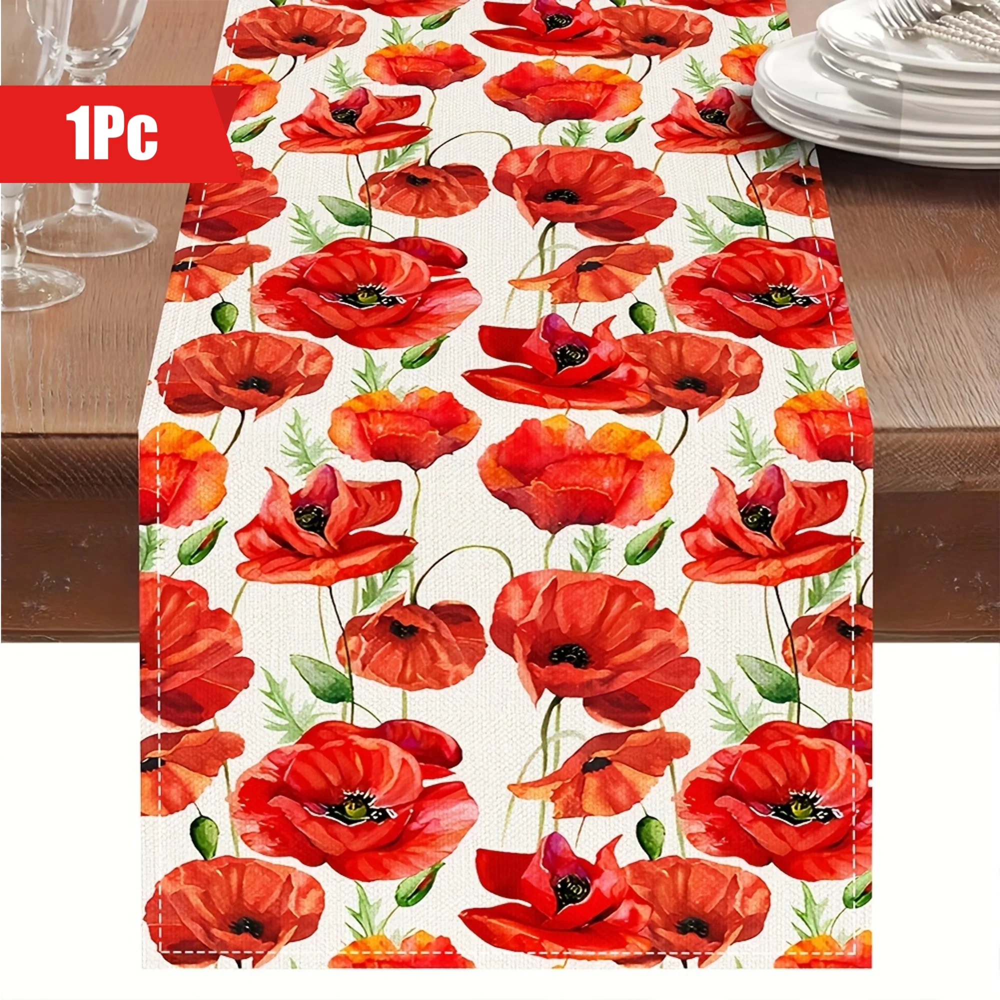 1pc Tischläufer Rot Mohn Blume Design Leinen Tischläufer Aquarell Stil Tischläufer Sommer Bauernhaus Esszimmer Liefert Image