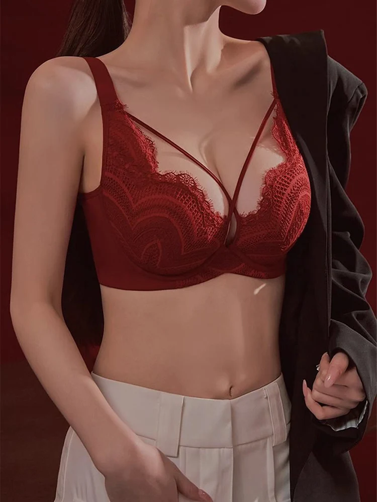 Minimizer-BH im japanischen Stil | Reducer für die Brust aus roter Spitze | Anti-Sagging-BH mit überkreuztem Rücken | Push-up- und schlankmachende Dessous für große Brüste Image