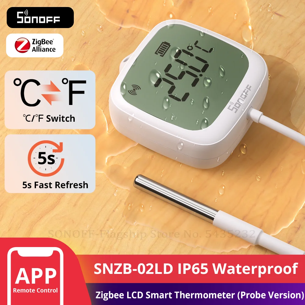 SONOFF SNZB-02LD IP65 Zigbee LCD Smart Thermometer mit Sonde Erkennung Pool Badewanne Kühlschrank Gefrierschrank Flüssigkeitstemperaturmessung Image