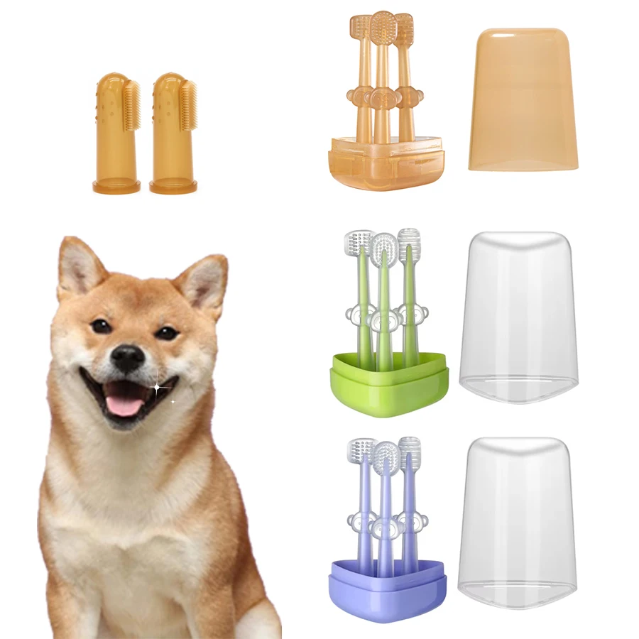 3Pcs Pet Zahnbürste Weiche Silikon Affe Design Griff mit PP lagerung box staub-proof deckel Hund Katze pinsel Zähne Sauber Image