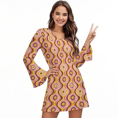 Retro Vintage 1970er Groovy Kleid Stirnband Hippie Disco Geometrisch Psychedelisch Damen Halloween Karneval Urlaub Musikfestival Festival Erwachsene Kleid Stirnband Image