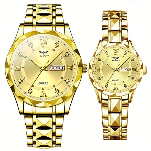 zwei runde römische Zifferblätter mit Wasserdiamanten besetzt Leuchtanzeige Paaruhr IPX7 wasserdichte Quarzuhr Kalenderdatum modische Businessuhr mit Edelstahlarmband geeignet für Damen und Herren Image