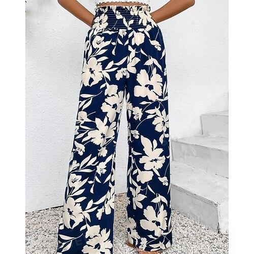 Damen Stoffhosen Hosen Hose Boho Volle Länge Natürliche Taille Blumen Elastischer Bund Druck Bequem Außenbereich Straße Ausgehen Marineblau Schwarz Khaki Sommer Normale Passform