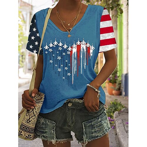 Unabhängigkeitstag Patriotisches Damen T-Shirt Grafik Flagge Vintage Stilvoll Klassisch Kurzarm V-Ausschnitt Reguläre Tops Täglich Wochenende Druck Schwarz Weiß Rot Blau Sommer Image