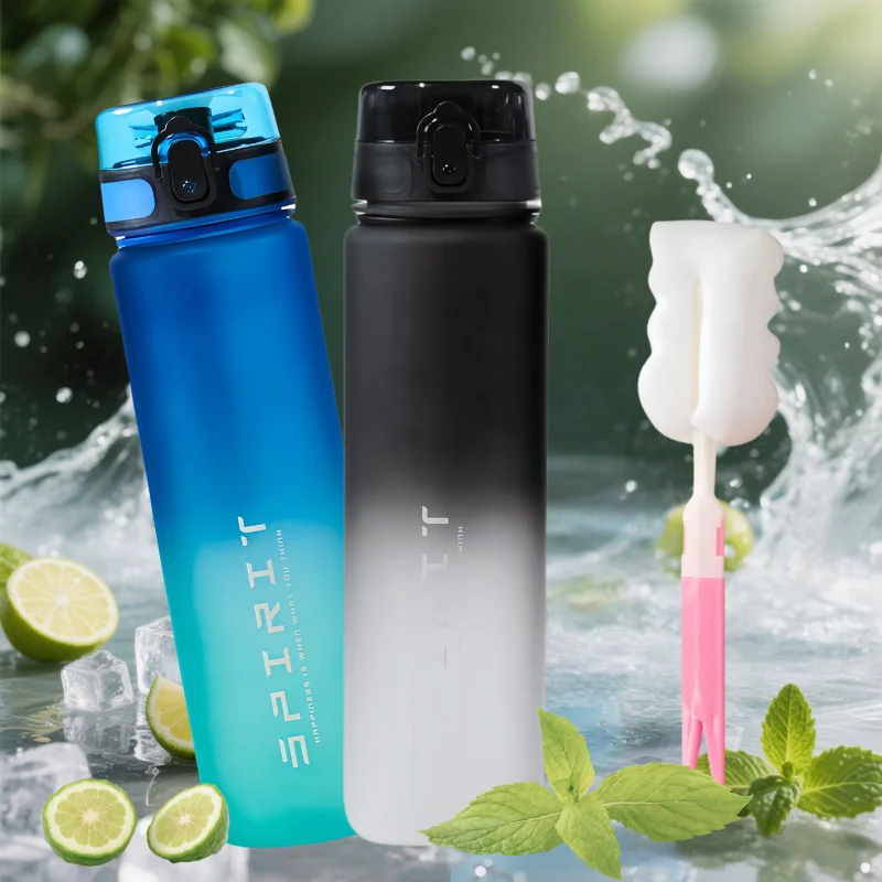 1-Liter-Sportwasserflasche mit großem Fassungsvermögen, auslaufsicher, mit Pinsel, Plastikbecher, Trinkgeschirr, Outdoor-Reisen, tragbar, für Fitnessstudio, Fitness, Krüge Image