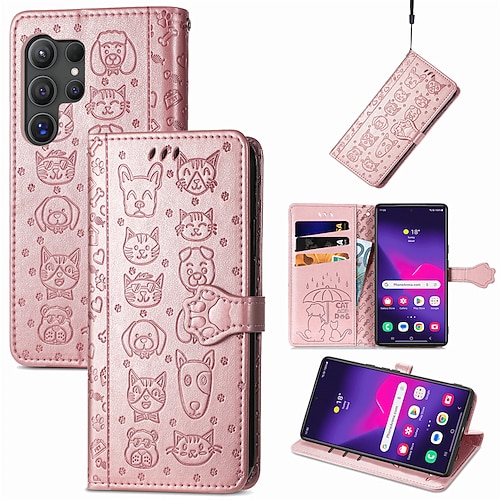 Handy Hülle Handyhüllen Für Samsung Galaxy S26 Plus S26 Ultra S25 Edge S24 S23 S24 FE S22 S21 Ultra Plus A16 A55 5G Brieftaschenhülle Flip-Cover Mit Handgelenkschlaufe Stoßfest Katze Hund TPU PU-Leder Image