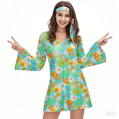 Retro Vintage 1970er Groovy Kleid Stirnband Hippie Disco Blumen Damen Halloween Karneval Urlaub Musikfestival Festival Erwachsene Kleid Stirnband Image