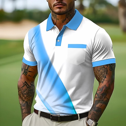 Herren Polo mit Knopfleiste Geschäft Lässig Revers Kurzarm Büro Geometrisch Linie Knöpfe Tasche Sommer Gelb Blau Orange Grau Polo mit Knopfleiste Image