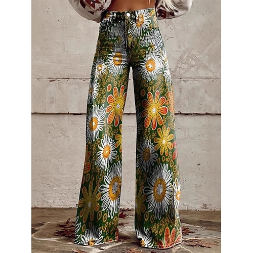Retro Vintage Boho 1970er Hose Hose mit weitem Bein Hippie Disco Hohe Taille Blumen Gänseblümchen Jeans-Imitat Kostüm Damen Karneval Alltagstauglich Musikfestival Retro-Mottoparty Erwachsene Hose Image
