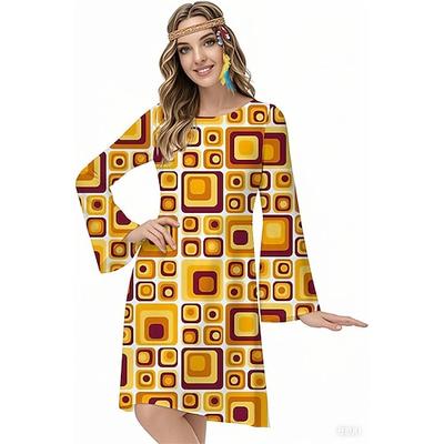 Retro Vintage 1970er Groovy Kleid Stirnband Hippie Disco Geometrisch Psychedelisch Damen Halloween Karneval Urlaub Musikfestival Festival Erwachsene Kleid Stirnband Image