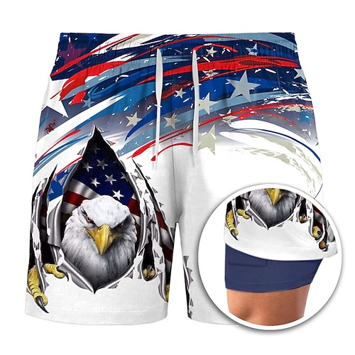 Tag der Unabhängigkeit Herren 250. Jahrestag des Unabhängigkeitstages der USA am 4. Juli Adler US Flagge Gefütterte Shorts 2 in 1 Badeshorts Badeshorts Mittlere Taille Hawaiianisch Ferien Image