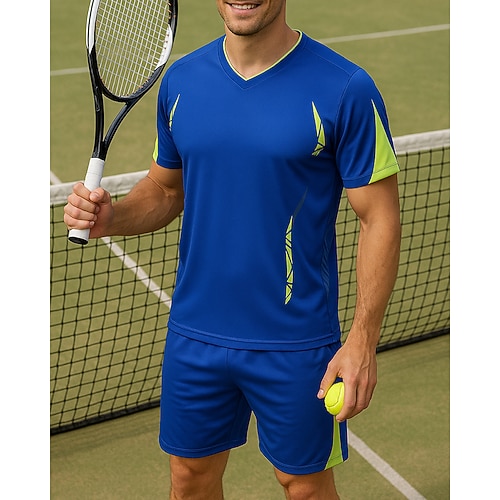 Herren Geometrisch Sport-Set Tennis-Set 2 Kurze Ärmel Drucken Schweißableitend Feuchtigkeitsableitend Atmungsaktiv Tennis Golfspiel Pickleball V Ausschnitt Blau Grün Tennisbekleidung Image