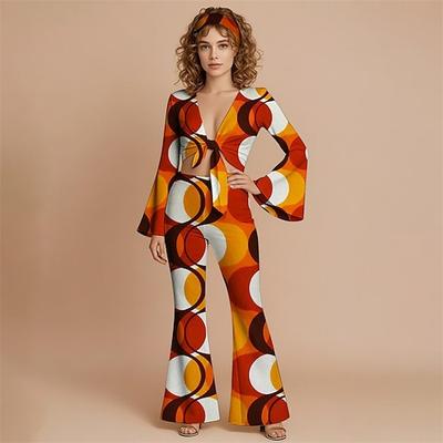 Retro Vintage 1970er Groovy Set mit Schlaghose und Schnürung vorne Hippie Disco Geometrisch Psychedelisch Damen Halloween Karneval Urlaub Musikfestival Festival Erwachsene Oberteil Hose Stirnband Image