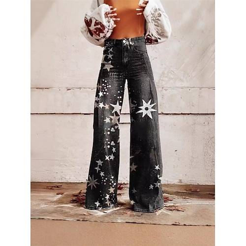 Retro Vintage 1970er Y2K Hose Hose mit weitem Bein Hippie Disco Hohe Taille Sterne Jeans-Imitat Kostüm Damen Karneval Alltagstauglich Musikfestival Retro-Mottoparty Erwachsene Hose Image