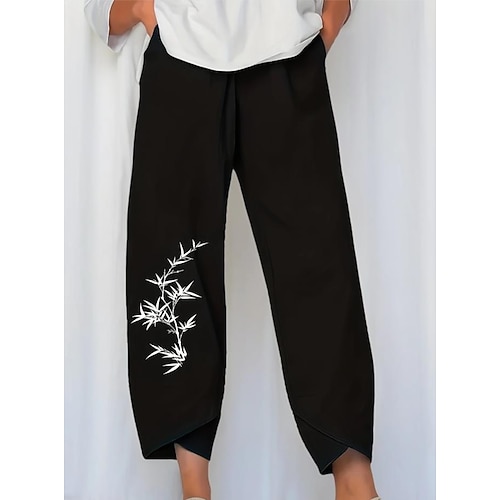 Damen Weites Bein Chinos Baggy-Hosen Strandshorts Urlaub Basic Lässig Knöchellang Hohe Taille Blumen Grafik Vogel Drucken Thermowarm Weich Atmungsaktiv Mikroelastisch Lässig Täglich Urlaub Schwarz Image