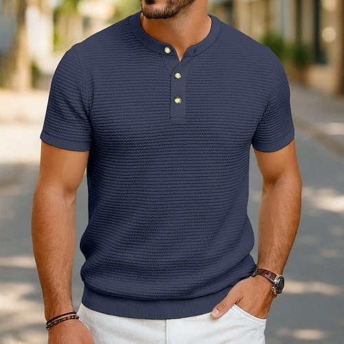 Herren Waffel-Henley-Hemd T-Shirt Kurzarm Einfarbig Einfach Mode Designer Lässig Knöpfe Farbblock Henley Outdoor Lässig Täglich Sommer Ganzjahres Schwarz Weiß Wein Henley T-Shirt Image