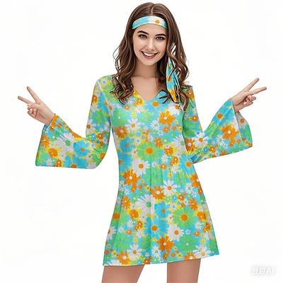 Retro Vintage 1970er Groovy Kleid Stirnband Hippie Disco Blumen Damen Halloween Karneval Urlaub Musikfestival Festival Erwachsene Kleid Stirnband Image