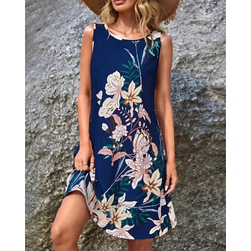 Damen Minikleid Blumenkleid Boho-Kleid Klassisch Modern Täglich Urlaub Ferien Normale Passform Blume Ärmellos Rundhalsausschnitt Blau Schwarz Grün Dunkelblau Sommer Image