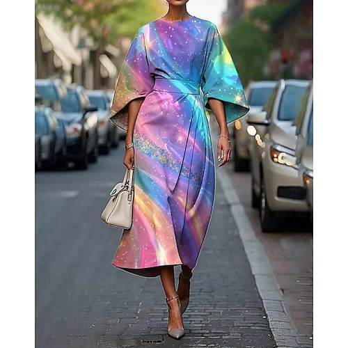 Damen Midikleid Blumenkleid Druckkleid Elegant Mode Outdoor Urlaub Ausgehen Normale Passform Blume Halbarm Rundhalsausschnitt Violett Purpur Fuchsie Sommer Image