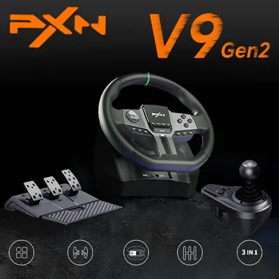 PXN V9 Gen2 Upgrade Game Steering Racing Wheel Pedal Shifter Clamp Set 270/900 Rotation 16Bit 6+R Hall Magnetic Dual Motor Light