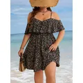Plus Size 1XL-5XL Abito da donna elegante con stampa floreale con spalle scoperte e bordo volant Abito estivo da spiaggia a maniche corte