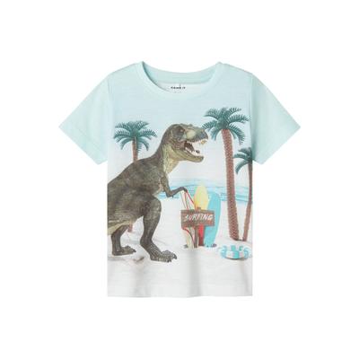T-Shirt NAME IT "NMMJAKO SS TOP BOX", Jungen, Gr. 104, blau (honeydew), Jersey, Obermaterial: 65% Polyester, 35% Baumwolle, bedruckt, casual, Rundhals, Kurzarm, Shirts Image