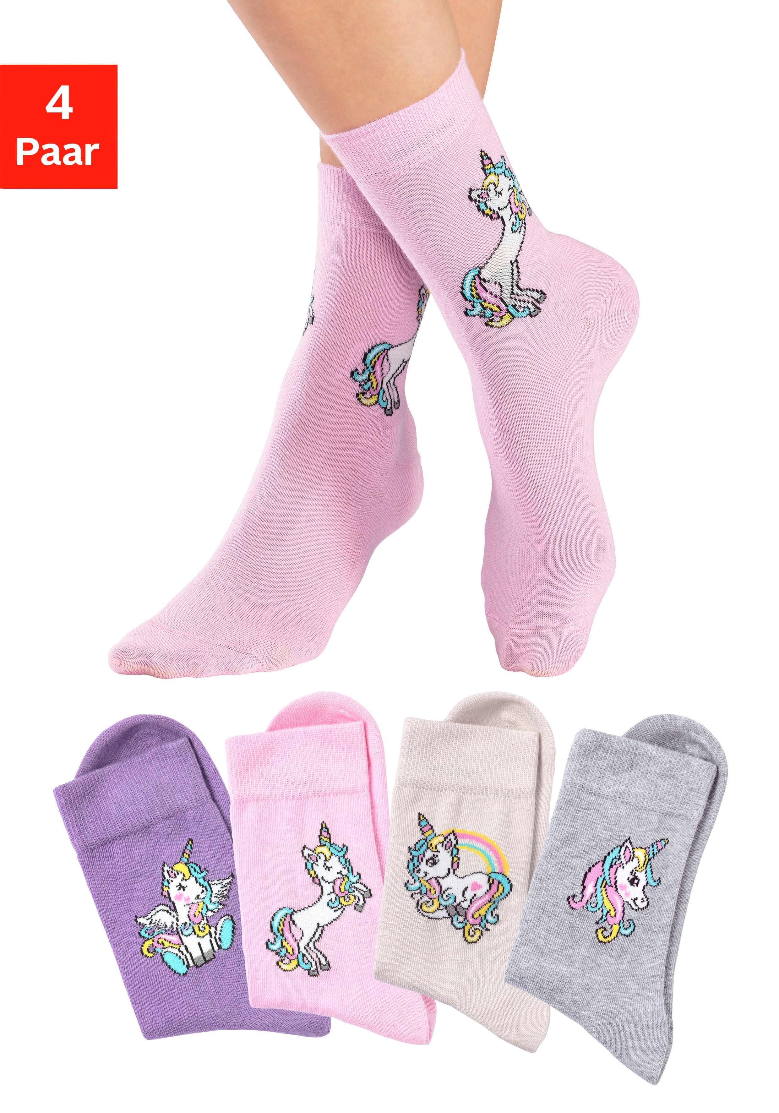 Basicsocken H.I.S, Kinder, Gr. 19-22, bunt (1x ecru, 1x rosa, 1x lila, 1x hellgrau, meliert), Baumwollmischung, gemustert, elastisch, Socken, mit Einhorn Motiven Image