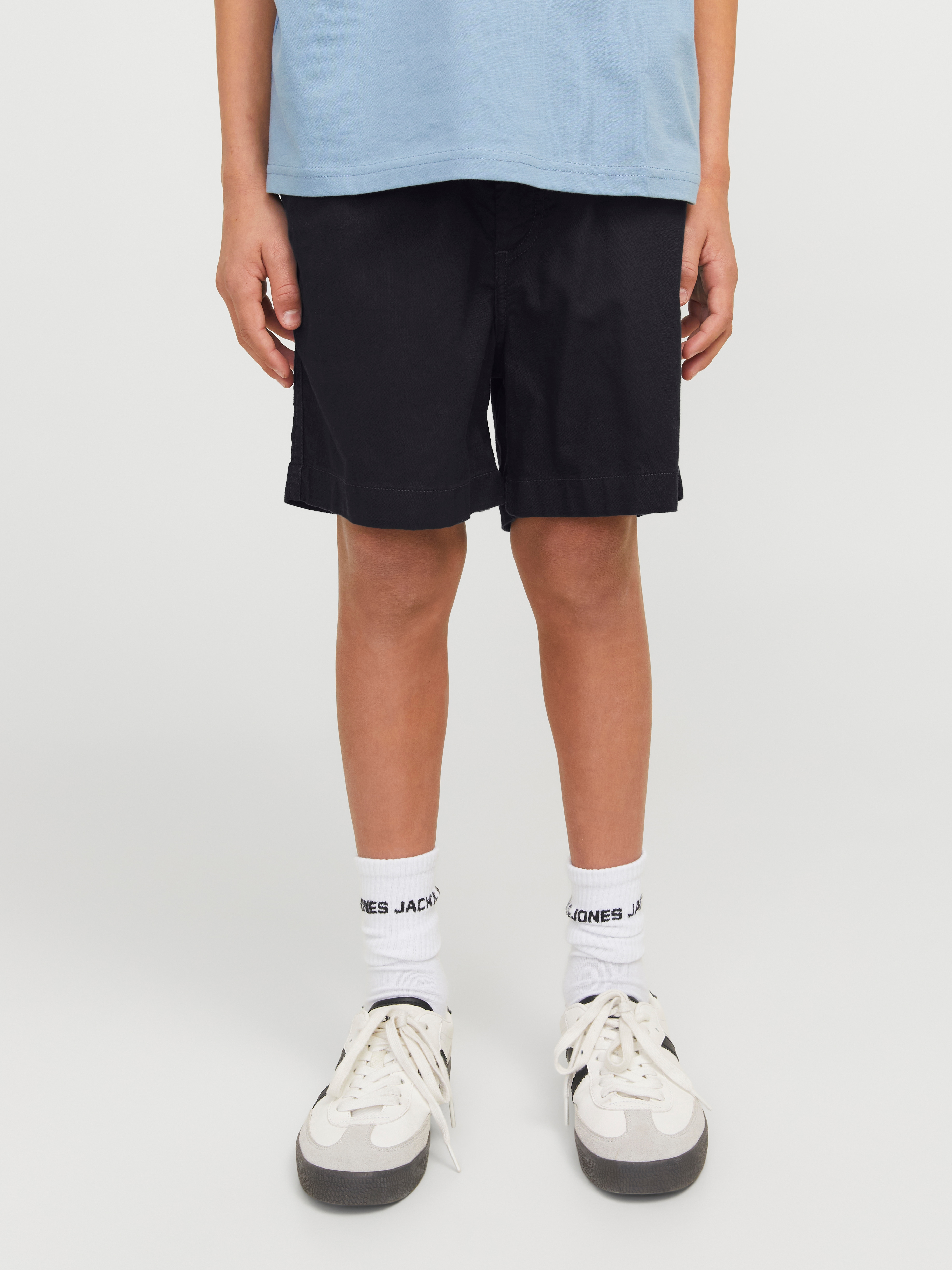 Jogg-Bermudas JACK & JONES JUNIOR "JPSTJAIDEN JJCAMPAIGN HYBRID BONDI JNR", Jungen, Gr. 134, N-Gr, schwarz, Web, Obermaterial: 80% Baumwolle, 20% Leinen, unifarben, Hosen