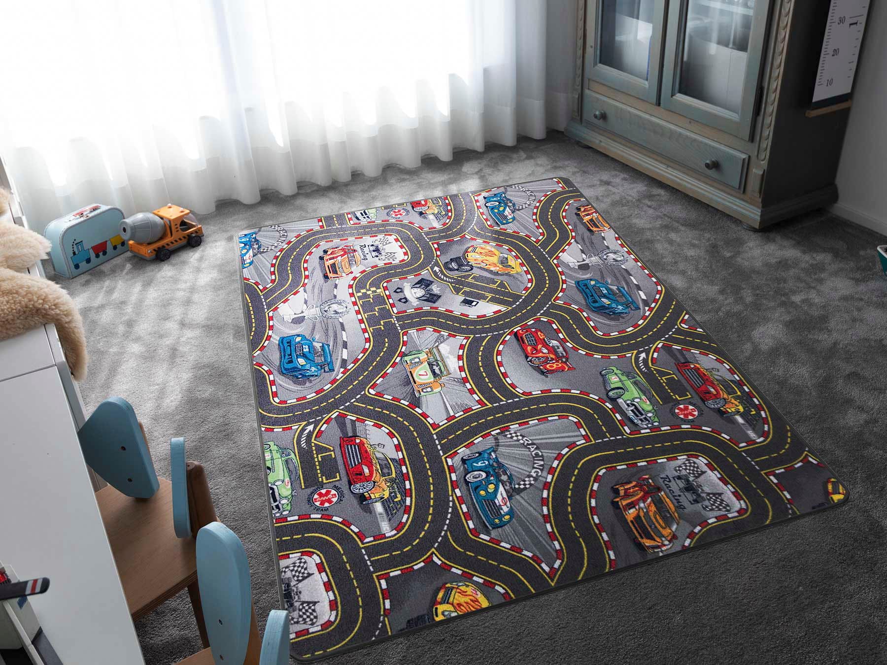 Kinderteppich "Spielteppich CARS", bunt, B:95cm H:6,5mm L:200cm, Polyamid, PRIMAFLOR-IDEEN IN TEXTIL, Teppiche, Kinderteppich, Kurzflor, Straßen-Spiel-Teppich, Motiv Autos, Kinderzimmer