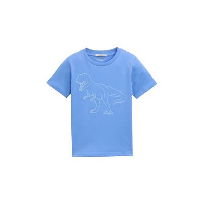 T-Shirt TOM TAILOR, Jungen, Gr. 92/98, blau (soft mid blau), Jersey, Obermaterial: 100% Baumwolle, bedruckt, casual, regular fit taillenbedeckt, Rundhals, Kurzarm gerader Abschluss, Shirts, mit in der Nacht leuchtendem Print Image