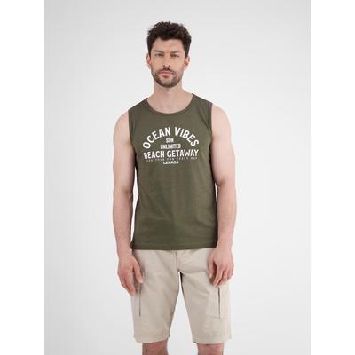 T-Shirt LERROS, Herren, Gr. M, grün (aged olive), Single Jersey, Obermaterial: 100% Baumwolle, bedruckt, casual, regular fit taillenbedeckt, Rundhals, ohne Ärmel, Shirts, mit Front Print Image