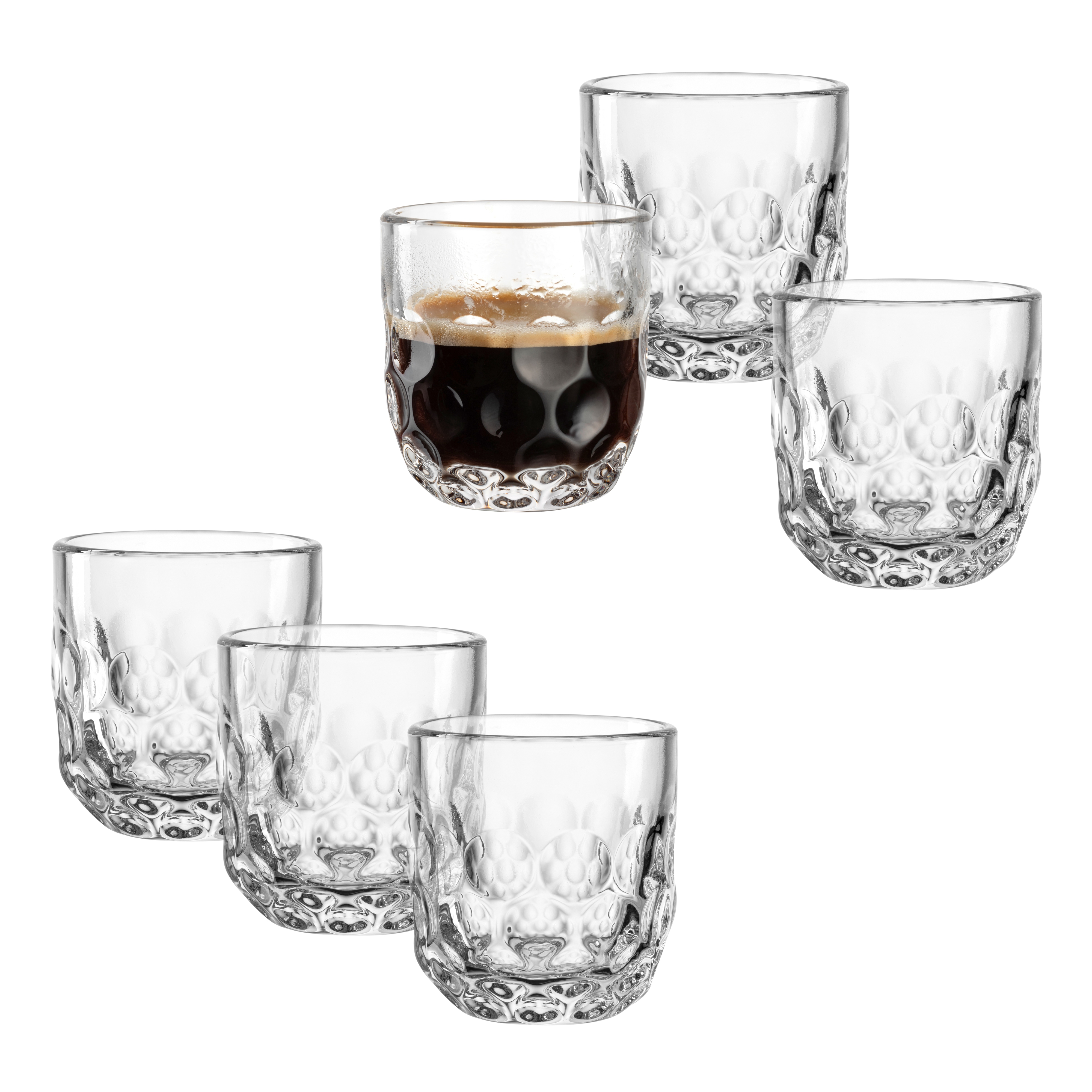 Espressoglas LEONARDO "GOCCE, 90 ml, 6er-Set", transparent, H:5,6cm Ø:5,2cm, Glas, Trinkgefäße, 1. Variante, mit Tropfenrelief Image