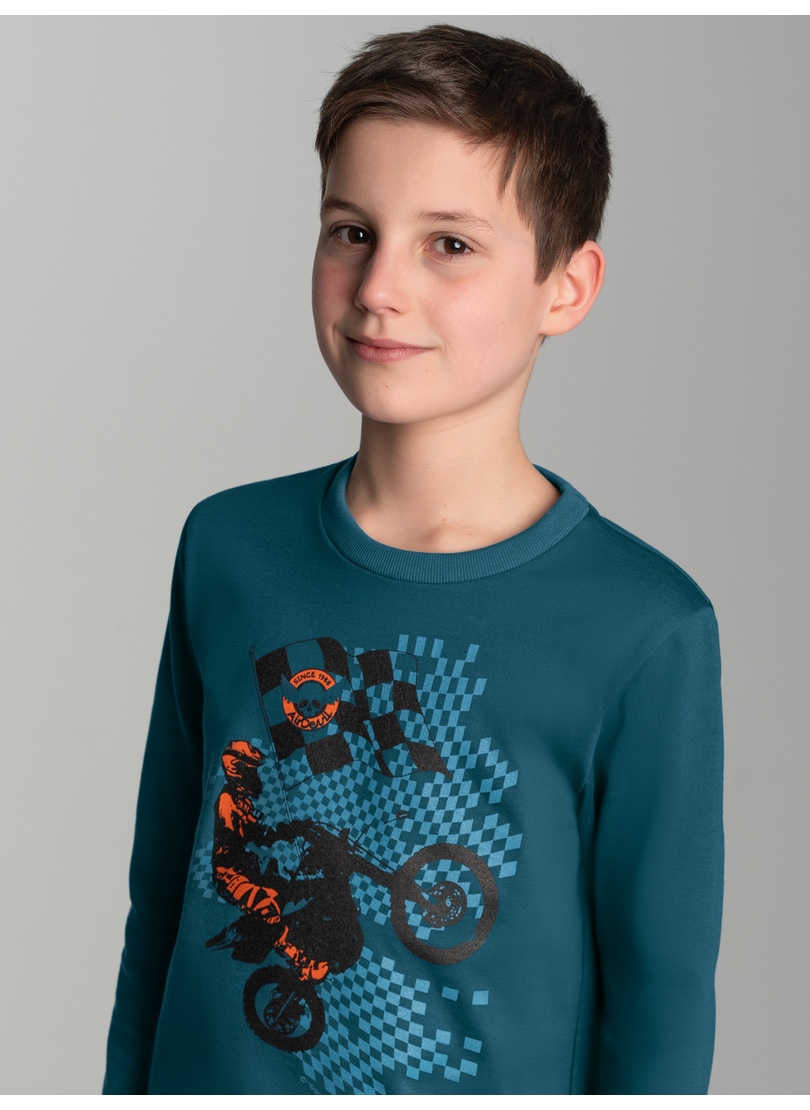 Sweatshirt TRIGEMA "TRIGEMA Langarmshirt mit sportlichem Motorrad-Print", Kinder, Gr. 140, blau (petrol), 100% Baumwolle, Sweatshirts Image